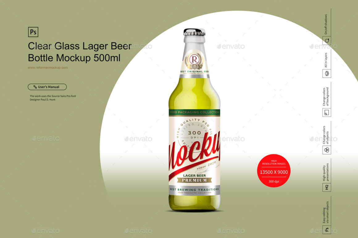 Download Clear Glass Lager Beer Bottle Mockup 500ml By Reformer Graphicriver