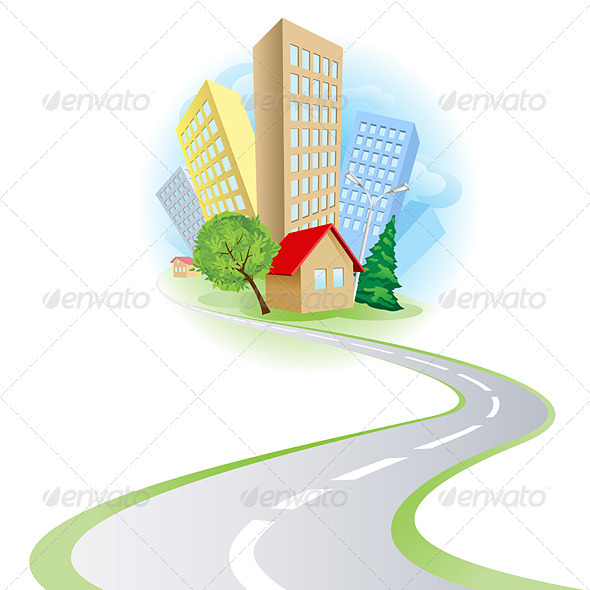 Townhouses cottages and the road - Buildings Objects