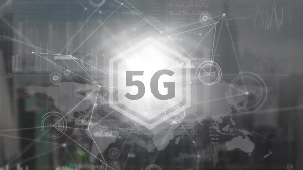  5g logo on a button with data connections on the background alt