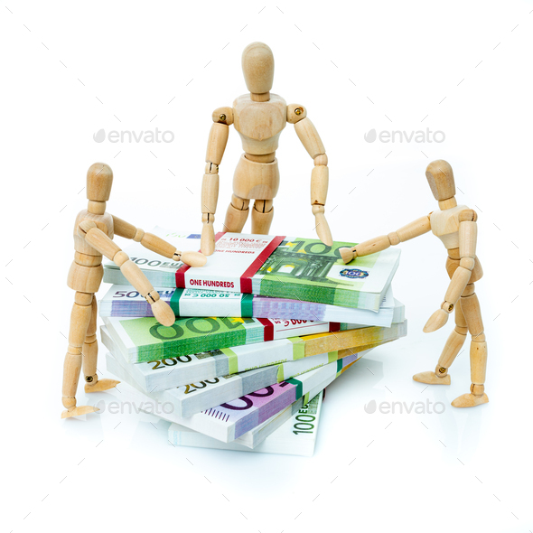 Miniature people on Euro banknotes. business, office, household, banking, tax, gambling concept - Stock Photo - Images