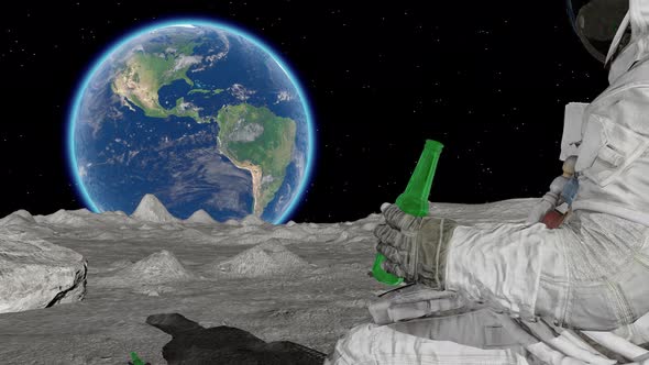 Lunar astronaut drinking beer sitting in easy beach chair on Moon surface, enjoying view of Earth.