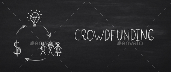 Crowdfunding white inscription with dollar sign, light bulb, people - Stock Photo - Images