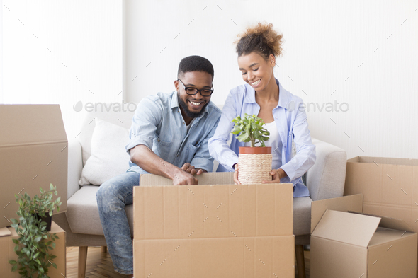 Couple Packing Plant In Box Preparing For Relocation At Home