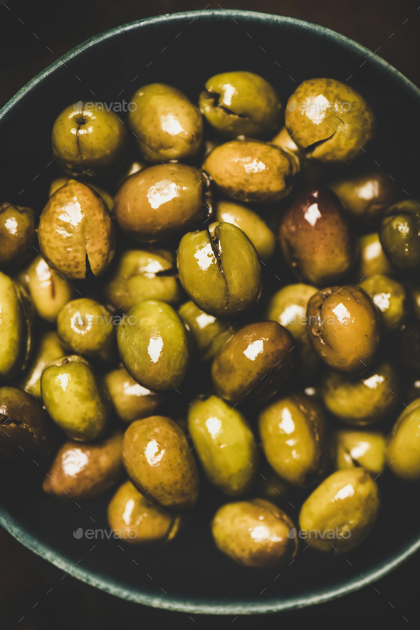 Flat-lay of fresh harvested pickled Mediterranean olives, close-up - Stock Photo - Images