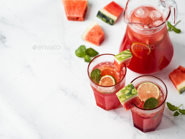 Cold watermelon, lime, mint drink. Copy space - Stock Photo - Images