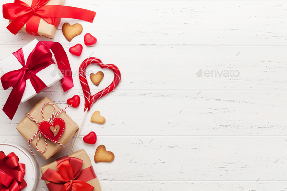 Valentines day gifts and heart gingerbread cookies - Stock Photo - Images