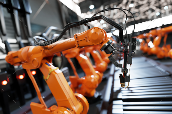 Robotic arms along assembly line in modern factory. Stock by