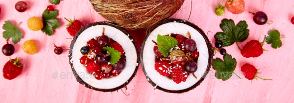 Banner with Fruit salad agrus, gooseberry, rasbberry in coconut shell bowl - Stock Photo - Images