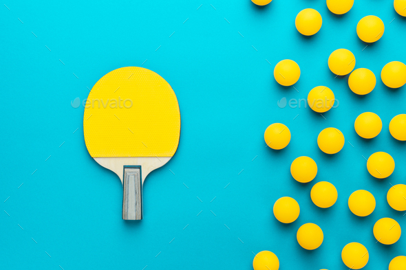 Racket And Many Balls For Table Tennis On Turquoise Blue Background - Stock Photo - Images
