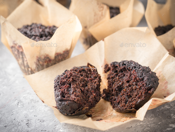 chocolate muffins with beetroot close-up - Stock Photo - Images