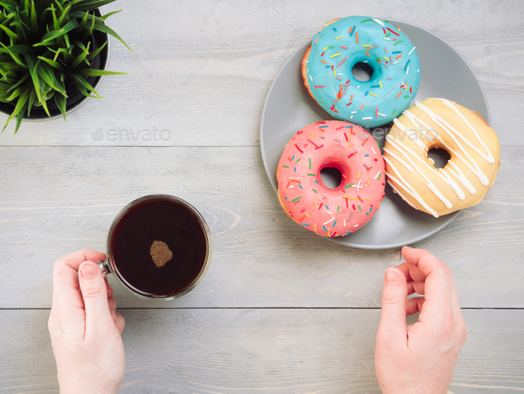donuts on blue background , copy space, top view - Stock Photo - Images