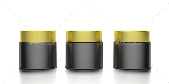 Glass cosmetic jars with golden covers isolated against white background. 3d illustration - Stock Photo - Images