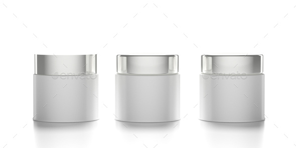 Glass cosmetic jars with covers isolated against white background. 3d illustration - Stock Photo - Images