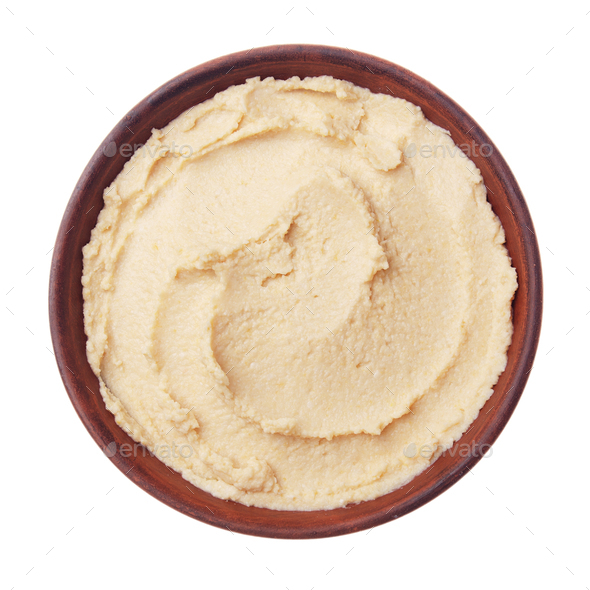 Flat lay view at hummus - spread made from cooked, mashed chickpeas - Stock Photo - Images
