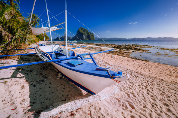 Traditional banca boat at exotic sandy beach with amazing Pinagbuyutan tropical island in background - Stock Photo - Images
