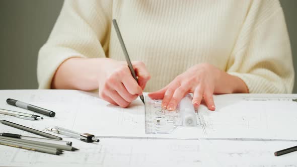 Architect Designer Drawing Plan Blueprint Closeup alt