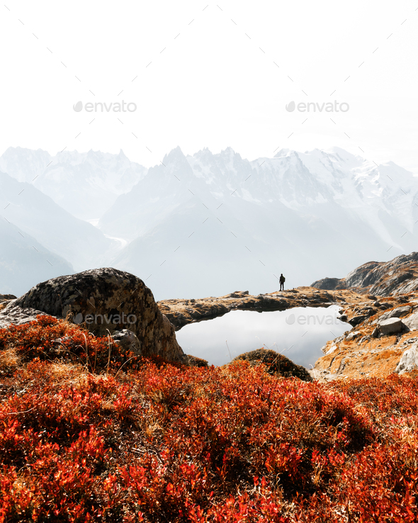 Silhouette of hiker near Chesery lake - Stock Photo - Images