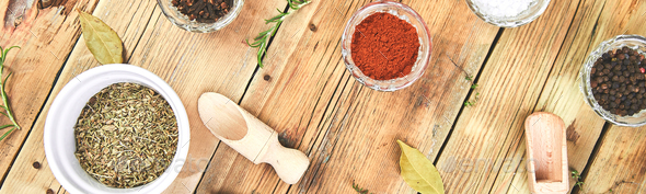 Banner of Flat lay of Seasoning background. Spice and herb seasoning with fresh and dried - Stock Photo - Images