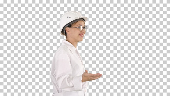 Young Scientist in Lab Coat and Hardhat Walking and Saying Something alt