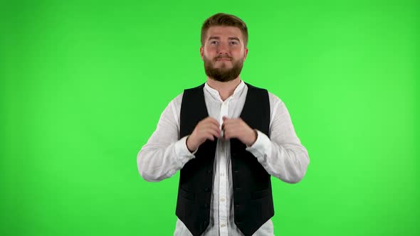 Man Pointing Up Fingers, Then Gesture Like, with Copy Space. Green Screen alt