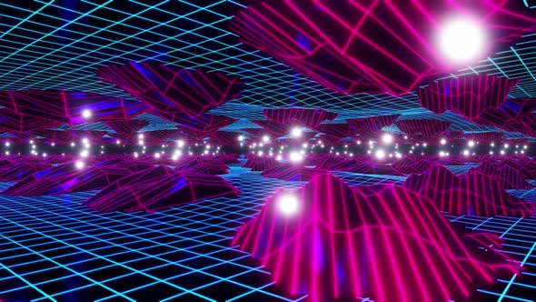 VJ 3D Synthwave style wireframe mountain terrain. 