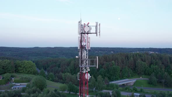 Telecommunications tower carrying broadcasting antennas for gsm, 3G, 4G and 5G cellular networks. Ae