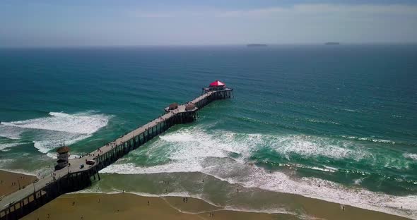 Huntington Beach Pier  the symbol of Surf City, USA. Shooting from a bird's-eye view.