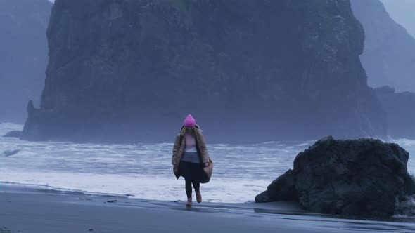 Slow Motion RED Camera Beautiful Laughing Woman Running From Ocean Waves USA alt