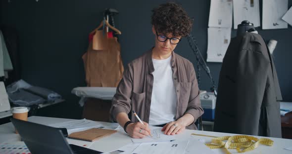 Pretty Girl Fashion Designer Drawing Clothes on Paper Creating New Collection alt