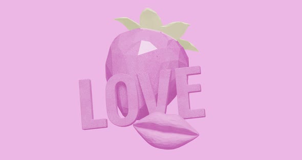 Minimal motion design. 3d creative text love, strawberry and lips moves 