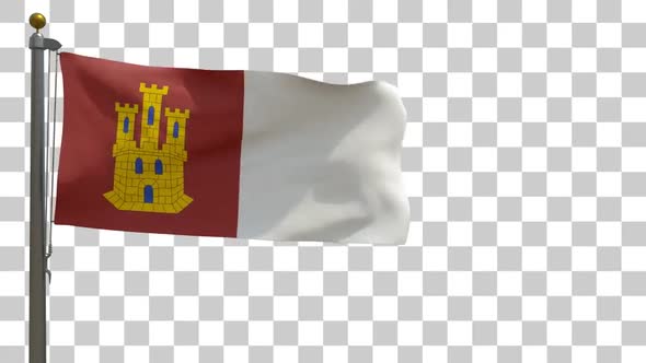 Castilla La Mancha Flag on Flagpole with Alpha Channel - 4K alt
