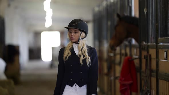 Female Horse Rider is Walking in Stable and Resting Before Championship Beautiful Blonde Woman alt