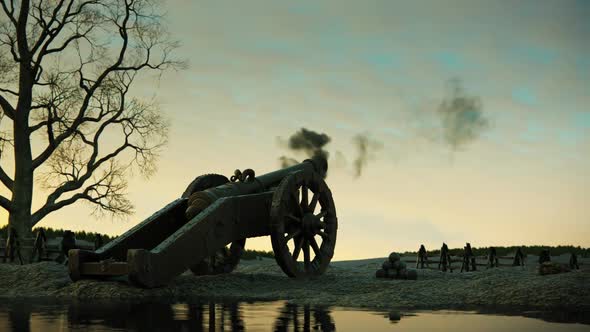 Old-fashioned heavy cannon on wheels firing a bronze ball on a night field. alt