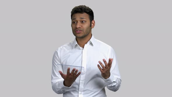 Portrait Young Asian Business Speaking Holding Mockup Tablet Pc alt