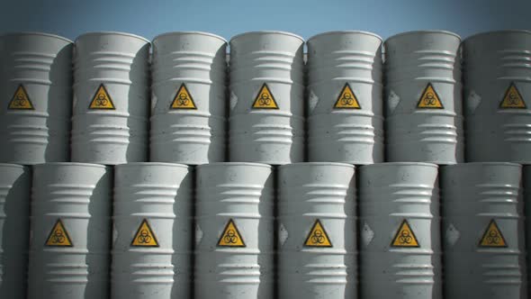 Endless animation of the grey biohazard barrels two-story stack. Front view. HD alt