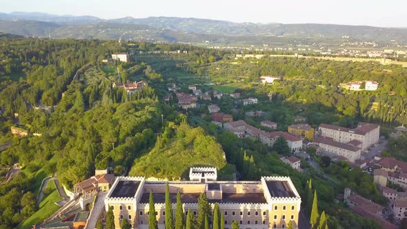 Panorama of Verona historical city centre, bridges across Adige river. Castel San Pietro. alt