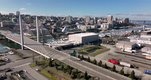 Over the Thea Foss Waterway in Tacoma Traffic Moving Fast Motion 4K UHD