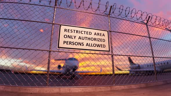 View at the airport runway with a few jets waiting for a flight. Sunset. 4k HD alt