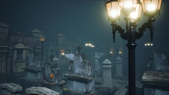 Very Old Misty and Creepy Graveyard in Fog at Night