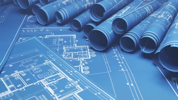 Stack of classic architectural blueprint rolls. Drawings of project plans. 4KHD alt