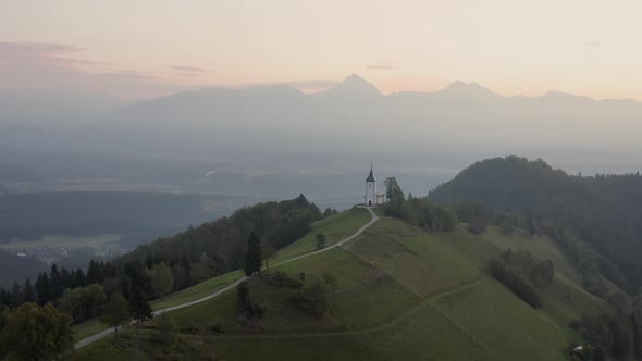Aerial view the church of St. Primoz in Slovenia