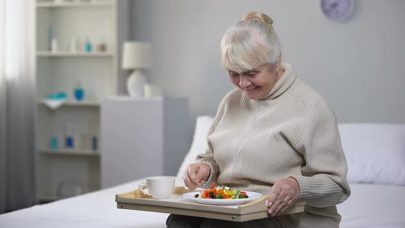 Smiling Old Woman Eating Dinner in Nursing Home, Social Security for Aged People alt