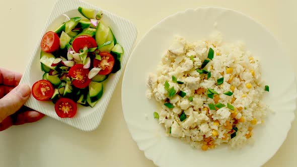 dishes with rice and vegetable