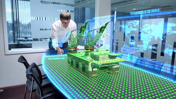 Professional Engineer Working On Rig Platform 3 D Project.3 D Render alt