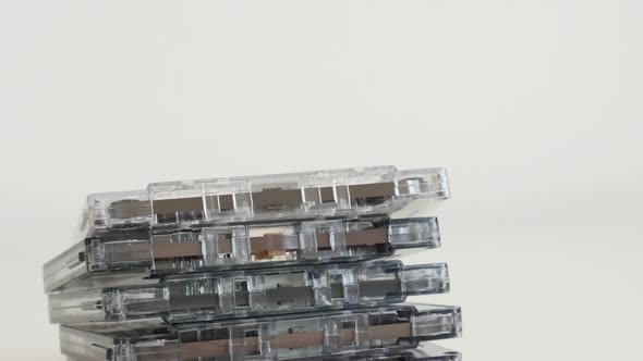 Old music archives on  compact  audio cassettes close-up 4K 2160p 30fps UltraHD tilting footage - Re alt