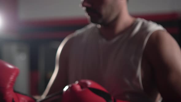 Young muscular male boxer puts on boxing gloves in the gym, Sportsman putting on boxing gloves