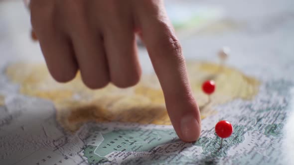 Route With Red On World Map. сoncept Of Adventure, Discovery, Navigation, Communication, Logistics alt