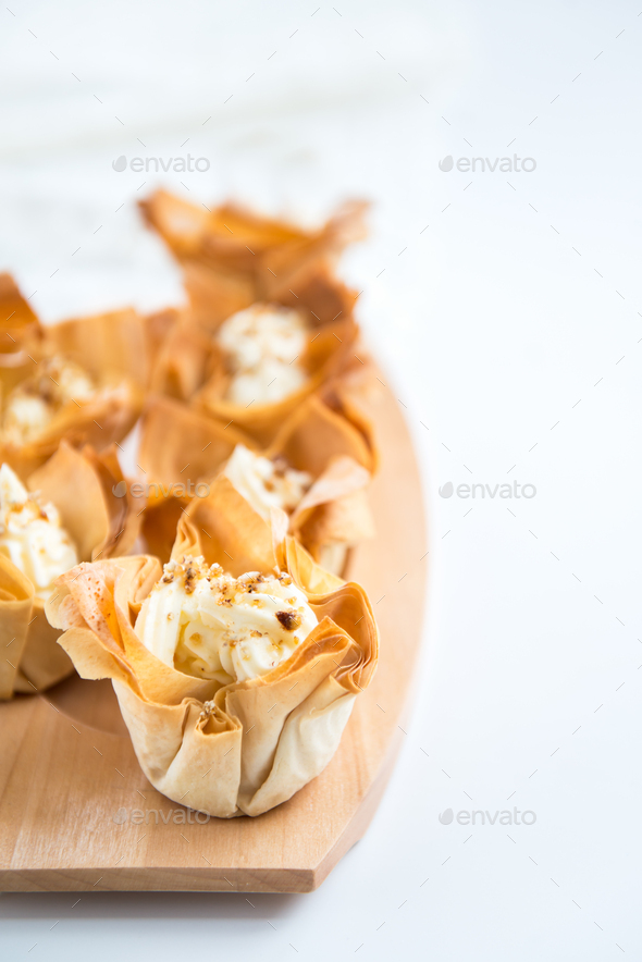 Homemade Filo Pastry Baskets with Mascarpone Cream Stock Photo by Manuta