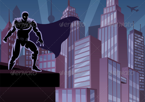 Superhero on Roof - Characters Vectors