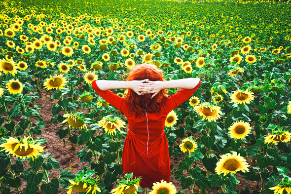 Lovely redhead woman enjoying the day in a field o sunflowers